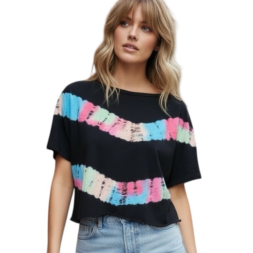 PINK Victorias Secret Medium Black Cropped Tshirt Neon Tie Dye Streetwear